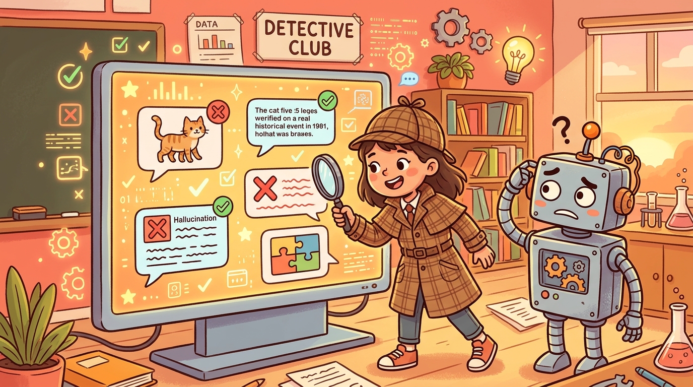 Chapter 3: The AI Detective — kid with magnifying glass fact-checking AI